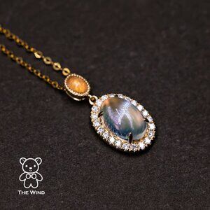 Halo Diamond Blue Sheen Moonstone Fire Opal Pendant Necklace 18k Yellow Gold